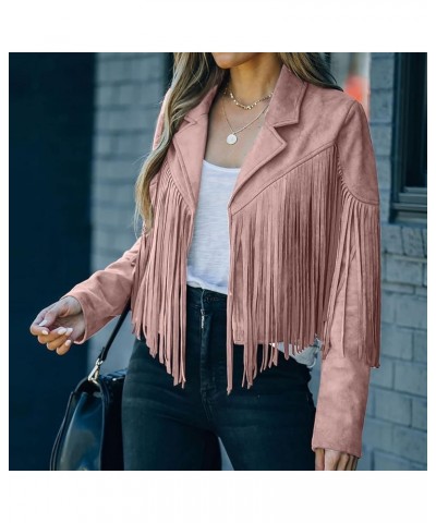 Womens Casual Vintage Cropped Jacket Cowboy Style Long Sleeve Fringe Coat Faux Suede Leather Motorcycle Jackets Tops 11 pink ...