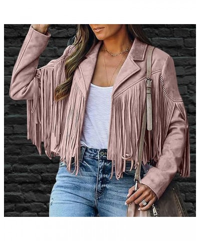 Womens Casual Vintage Cropped Jacket Cowboy Style Long Sleeve Fringe Coat Faux Suede Leather Motorcycle Jackets Tops 11 pink ...