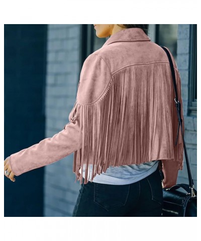 Womens Casual Vintage Cropped Jacket Cowboy Style Long Sleeve Fringe Coat Faux Suede Leather Motorcycle Jackets Tops 11 pink ...