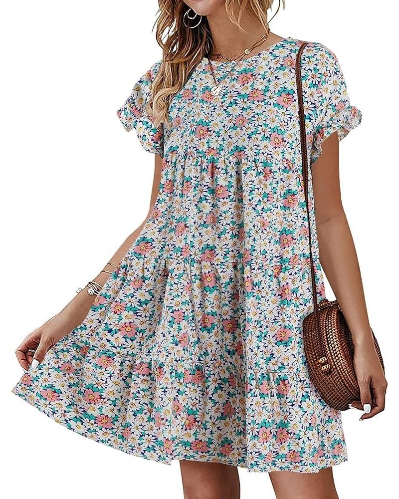 Womens Ruffles Boho Floral Printed Babydoll Loose Swing Casual Short Mini T-Shirt Dress Picture Color $19.10 Dresses