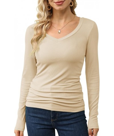 Women’s V Neck Ribbed Knit Long Sleeve Tops Casual Slim Fitted Basic Shirts Beige $15.36 T-Shirts