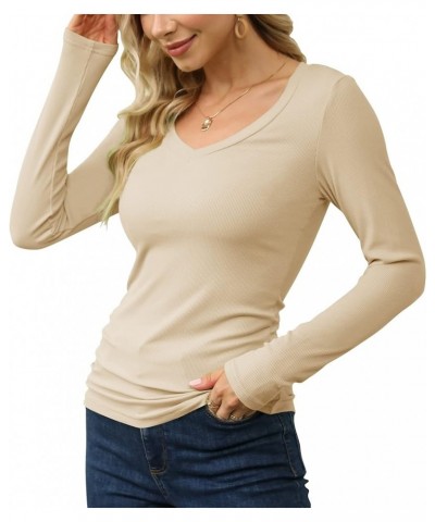 Women’s V Neck Ribbed Knit Long Sleeve Tops Casual Slim Fitted Basic Shirts Beige $15.36 T-Shirts