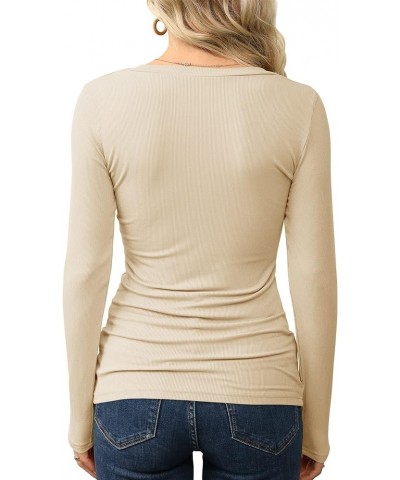 Women’s V Neck Ribbed Knit Long Sleeve Tops Casual Slim Fitted Basic Shirts Beige $15.36 T-Shirts