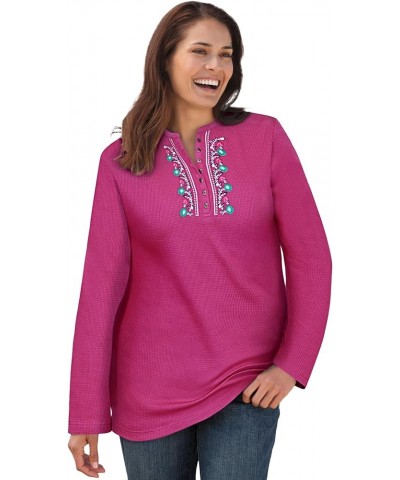 Women's Plus Size Embroidered Thermal Waffle Henley Tee Long Underwear Top Raspberry Vine Embroidery $18.48 T-Shirts