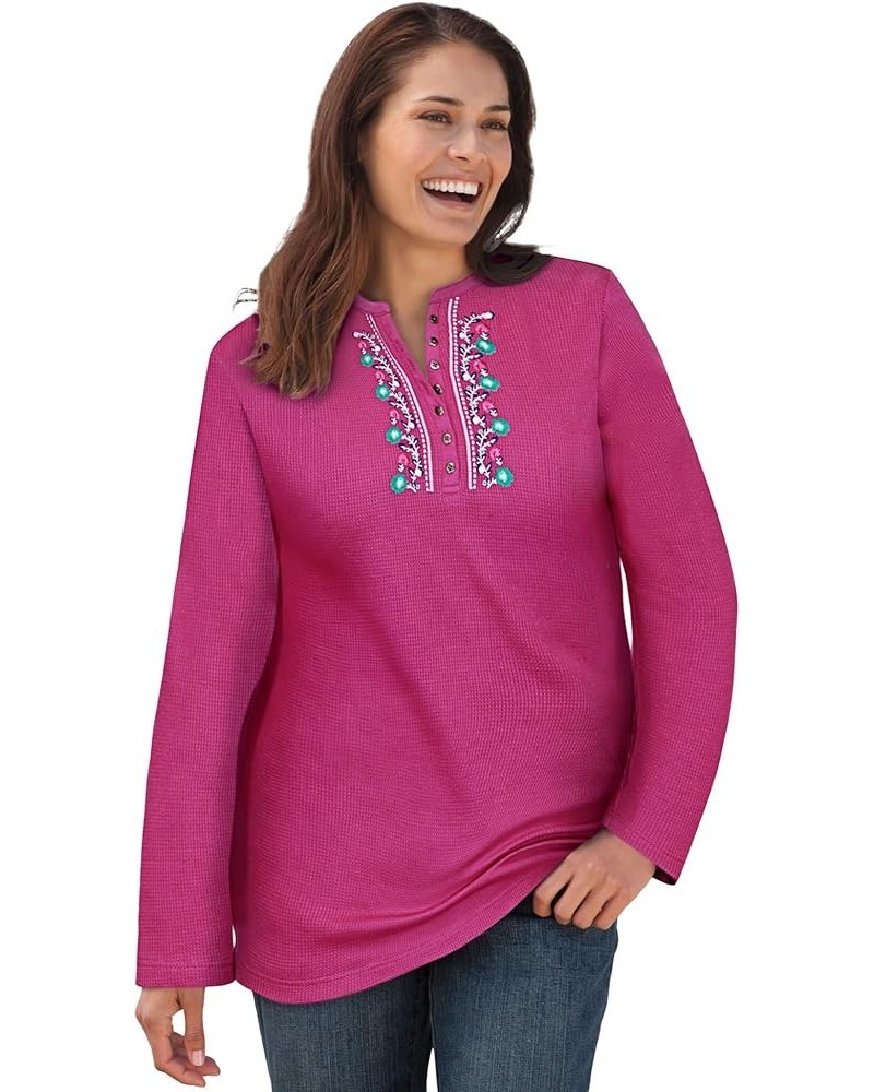 Women's Plus Size Embroidered Thermal Waffle Henley Tee Long Underwear Top Raspberry Vine Embroidery $18.48 T-Shirts