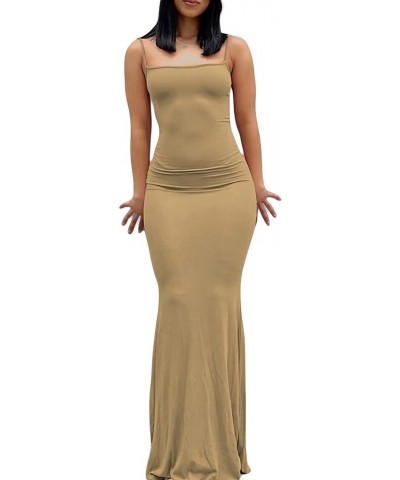 Womens Sexy Knitted Cut Out Dress Spaghetti Strap V Neck Backless Long Maxi Dress Club Party Y2K Streetwear A1-khaki $11.59 D...