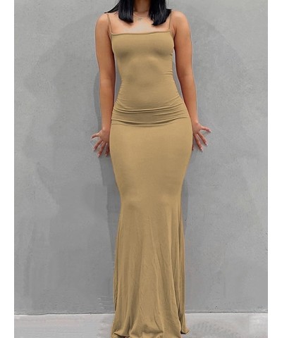 Womens Sexy Knitted Cut Out Dress Spaghetti Strap V Neck Backless Long Maxi Dress Club Party Y2K Streetwear A1-khaki $11.59 D...