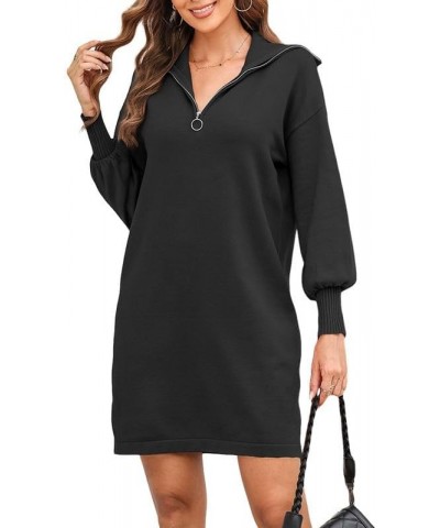 Womens Casual Turn Down Collar Zip Up Long Sleeve Ribbed Knit Loose Fit Tunic Mini Sweater Dress Black $13.99 Dresses