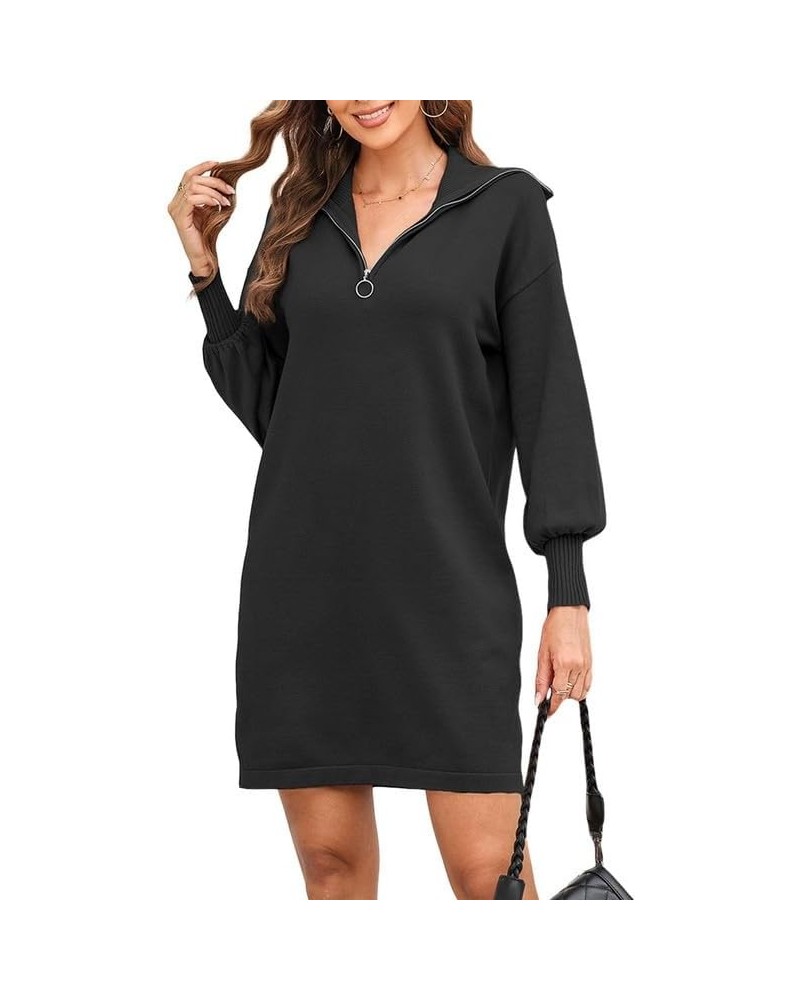 Womens Casual Turn Down Collar Zip Up Long Sleeve Ribbed Knit Loose Fit Tunic Mini Sweater Dress Black $13.99 Dresses