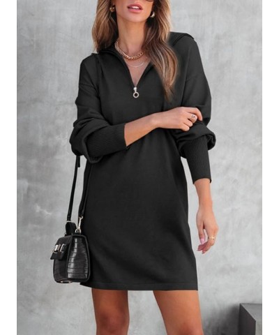 Womens Casual Turn Down Collar Zip Up Long Sleeve Ribbed Knit Loose Fit Tunic Mini Sweater Dress Black $13.99 Dresses