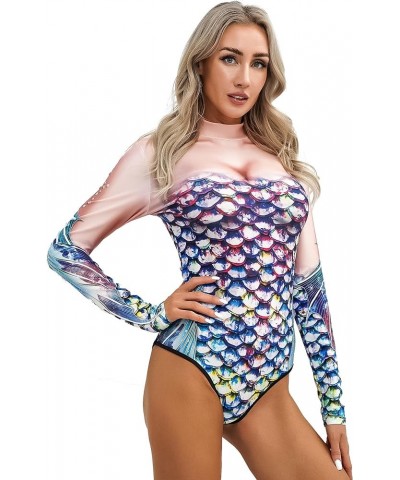 Women's Long Sleeve Rash Guard Mermaid Print Zipper Surfing Suit One Piece Swimsuit Wetsuit Colorful B $11.75 Swimsuits