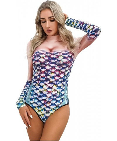 Women's Long Sleeve Rash Guard Mermaid Print Zipper Surfing Suit One Piece Swimsuit Wetsuit Colorful B $11.75 Swimsuits