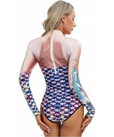 Women's Long Sleeve Rash Guard Mermaid Print Zipper Surfing Suit One Piece Swimsuit Wetsuit Colorful B $11.75 Swimsuits