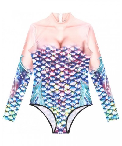 Women's Long Sleeve Rash Guard Mermaid Print Zipper Surfing Suit One Piece Swimsuit Wetsuit Colorful B $11.75 Swimsuits