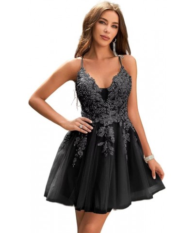 Homecoming Dress Short 2023 Tulle Spaghetti Straps V-Neck A-Line Lace Appliques Prom Dresses for Teens Black $40.50 Dresses