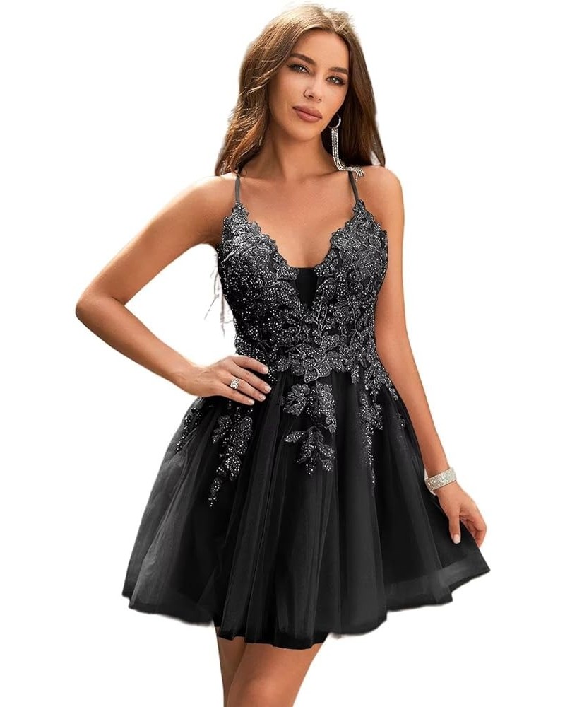 Homecoming Dress Short 2023 Tulle Spaghetti Straps V-Neck A-Line Lace Appliques Prom Dresses for Teens Black $40.50 Dresses