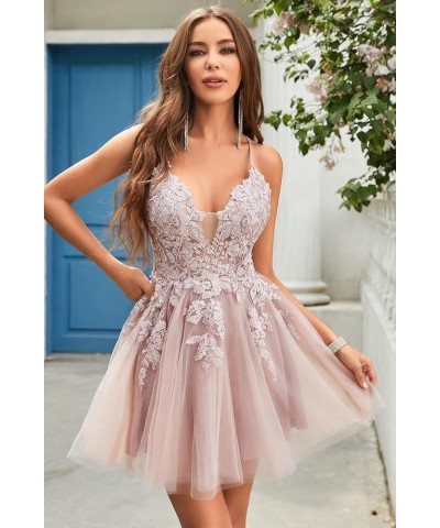 Homecoming Dress Short 2023 Tulle Spaghetti Straps V-Neck A-Line Lace Appliques Prom Dresses for Teens Black $40.50 Dresses