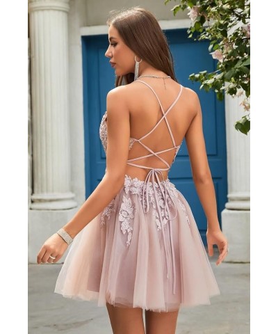 Homecoming Dress Short 2023 Tulle Spaghetti Straps V-Neck A-Line Lace Appliques Prom Dresses for Teens Black $40.50 Dresses