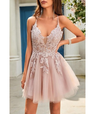 Homecoming Dress Short 2023 Tulle Spaghetti Straps V-Neck A-Line Lace Appliques Prom Dresses for Teens Black $40.50 Dresses