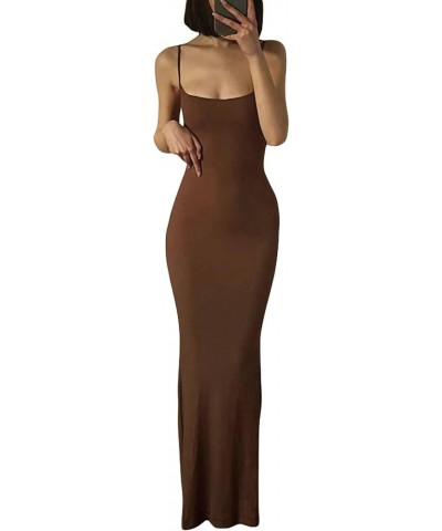 Women Going Out Bodycon Maxi Dress Sexy Spaghetti Strap Low Cut Dress Summer Casual Sleeveless Long Tight Dress Brown $8.00 D...