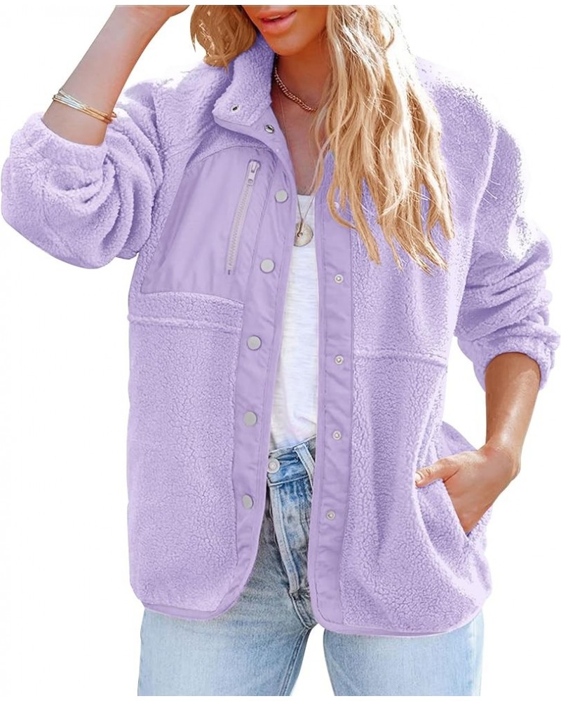 Women's Fall Winter Sherpa Fleece Jacket Casual Long Sleeve Button Down Fuzzy Shacket Outerwear Coat Purple $22.67 Jackets