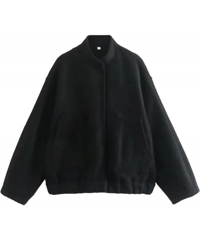 Women's Oversized Wool Blend Bomber Jackets Casual Button Down Solid Varsity Jacket with Pockets Long Sleeve Top 2023 Black $...