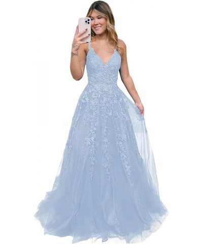 Lace Appliques Tulle Prom Dresses for Teens Long Spaghetti Straps Ball Gown V Neck Formal Evening Party Gowns Sky Blue $40.67...