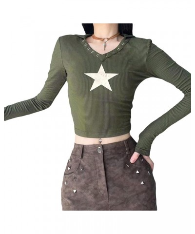 Y2k Women Star Print Crochet Tops Vintage Stripe Slim Long Sleeve Pullover Harakuju Kawaii Sweater Streetwear L-green $10.00 ...