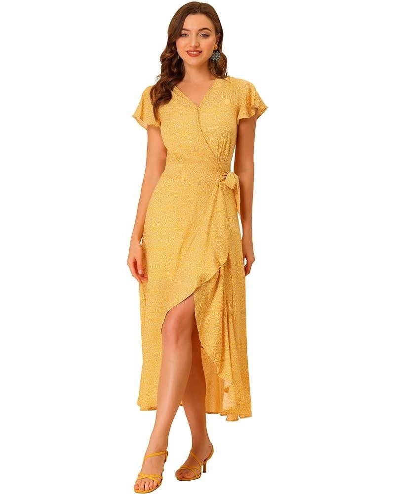 Women's Summer Beach Wrap Dress Boho Flutter Sleeve V Neck Ruffle Floral Maxi Dress Yellow $12.88 Dresses