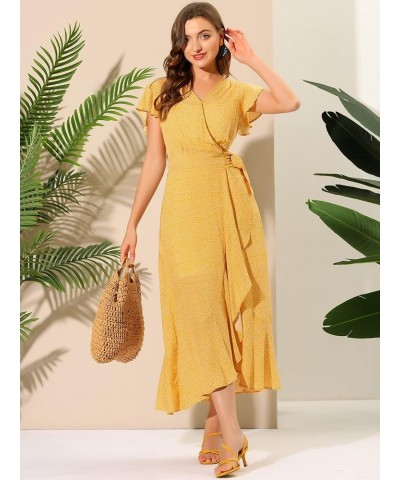 Women's Summer Beach Wrap Dress Boho Flutter Sleeve V Neck Ruffle Floral Maxi Dress Yellow $12.88 Dresses