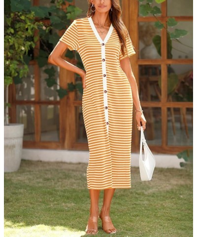 Women Casual Summer Dresses Short Sleeve Striped Midi Dresses Decorative Button Ribbed Knit Dresses Party Dresses Orange $20....