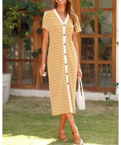 Women Casual Summer Dresses Short Sleeve Striped Midi Dresses Decorative Button Ribbed Knit Dresses Party Dresses Orange $20....