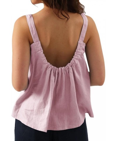 Womens Pure Linen Square Neck Sleeveless Tank Tops for Casual Summer Pink $20.66 Tanks