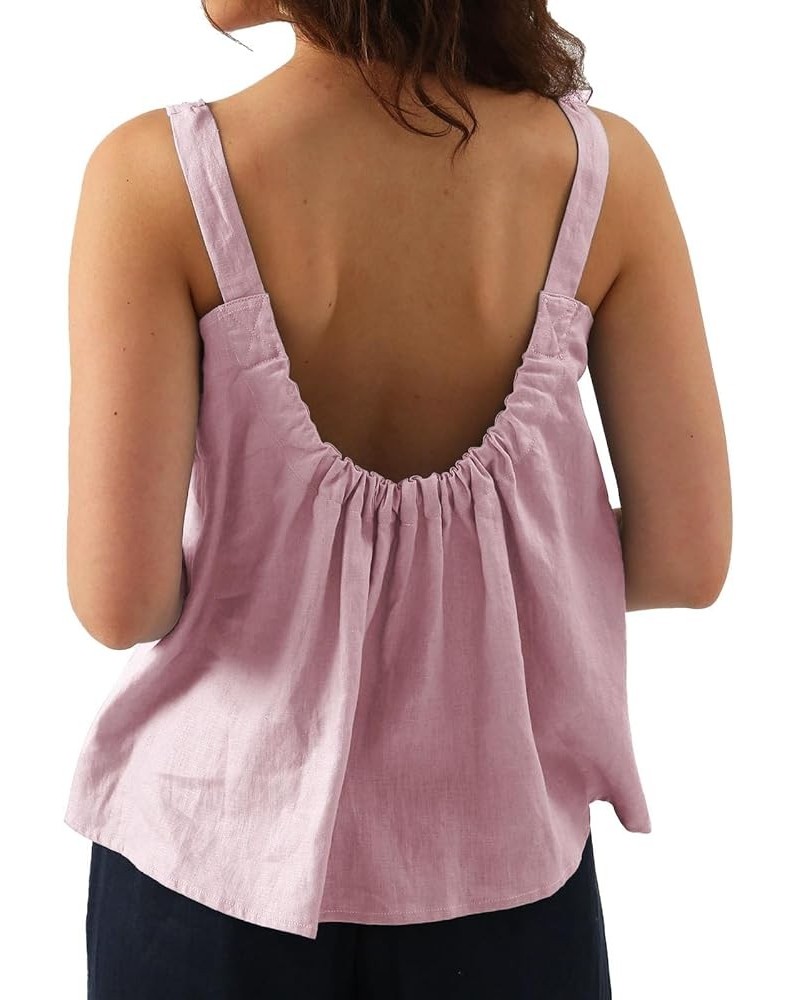 Womens Pure Linen Square Neck Sleeveless Tank Tops for Casual Summer Pink $20.66 Tanks