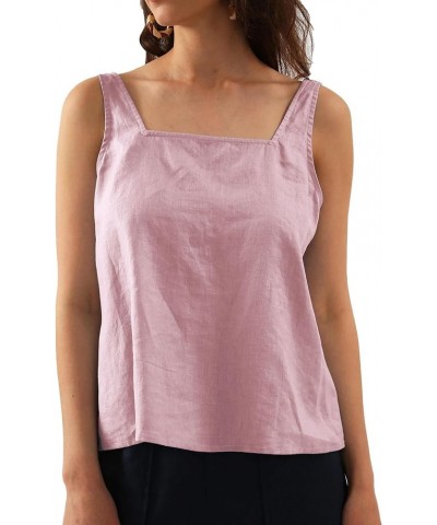 Womens Pure Linen Square Neck Sleeveless Tank Tops for Casual Summer Pink $20.66 Tanks