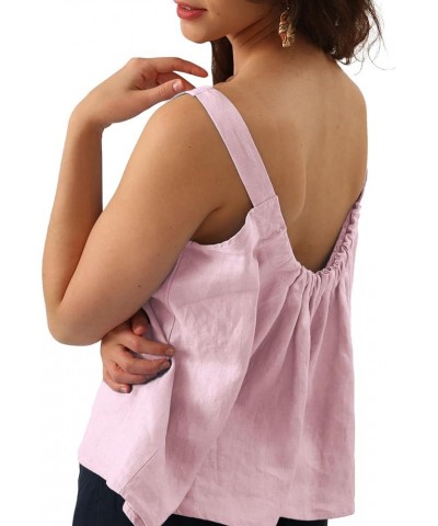 Womens Pure Linen Square Neck Sleeveless Tank Tops for Casual Summer Pink $20.66 Tanks