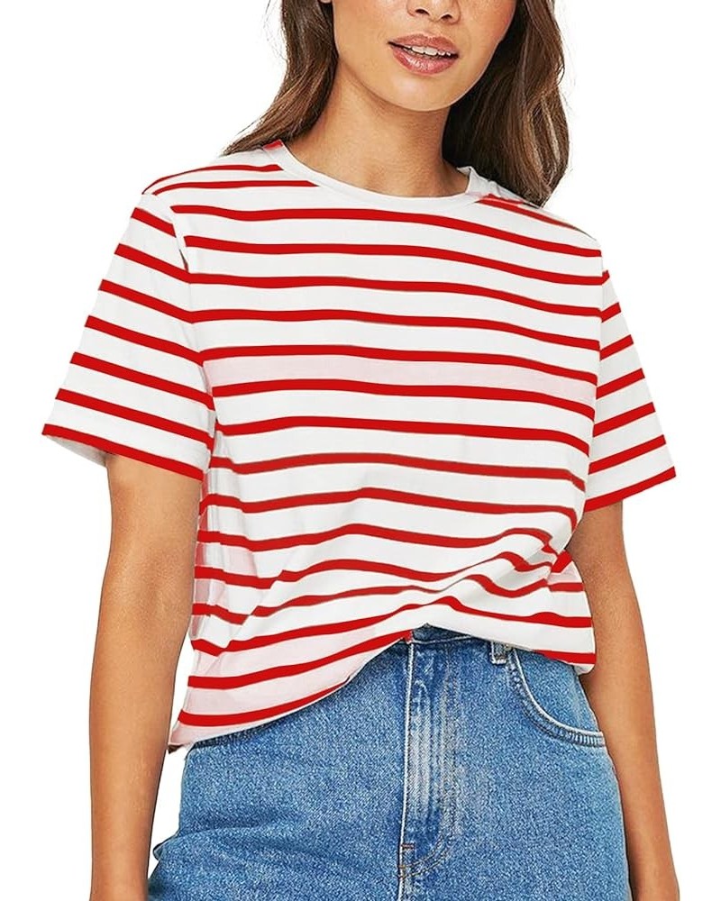 Women's Striped Print t Shirt Short Sleeve Crew Neck Tee Summer Basic Tees for Women Red $10.99 T-Shirts