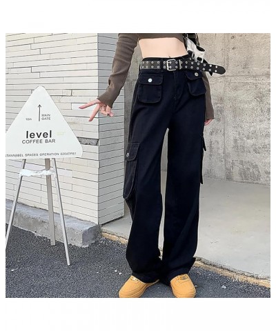 Womens Baggy Wide Leg Cargo Jeans High Waisted Flap Pocket Relaxed Fit Straight Leg Denim Jeans Casual Streetwear Trousers T ...