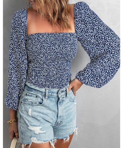 Women Casual Long Sleeve Shirts Top 2023 Summer Fall Off Shoulder Tops Square Neck Floral Boho Smocked Blouses Floral Dark Bl...