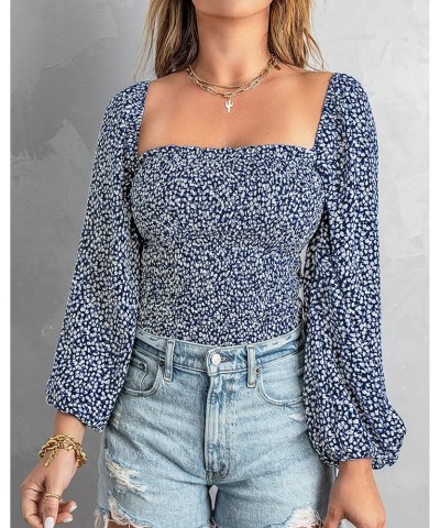 Women Casual Long Sleeve Shirts Top 2023 Summer Fall Off Shoulder Tops Square Neck Floral Boho Smocked Blouses Floral Dark Bl...