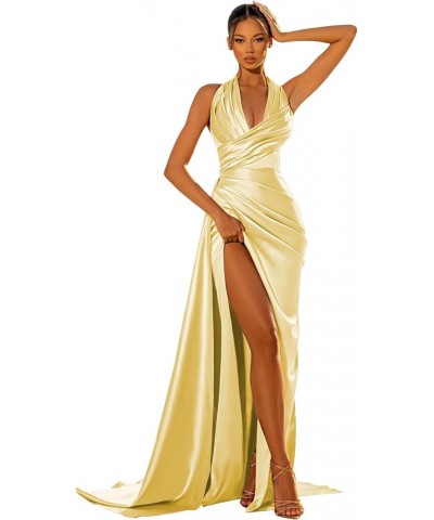 Women's V Neck Satin Prom Dresses High Slit Ball Gown Long Open Back Formal Gowns Ruched Evening Dress Yellow $28.59 Dresses