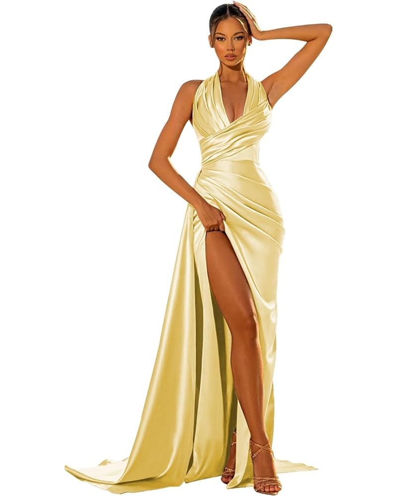 Women's V Neck Satin Prom Dresses High Slit Ball Gown Long Open Back Formal Gowns Ruched Evening Dress Yellow $28.59 Dresses