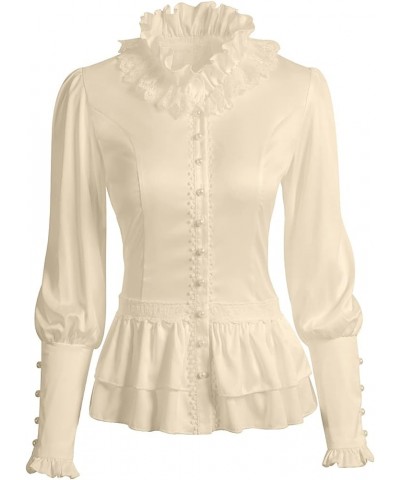 Women's Vintage Blouse Victorian Long Sleeve Lotus Ruffle Stand Collar Tops Gothic Medieval Shirt Apricot $15.53 Blouses