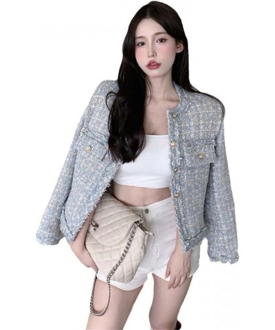 French Vintage Small Fragrance Tweed Jacket Coat Women Fall Winter Korean Casual Tassel Coat Ladies Plaid Tops Blue $23.69 Coats