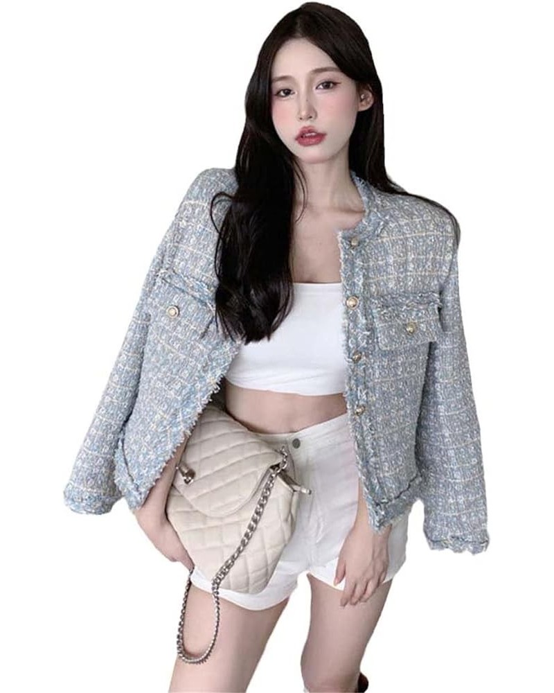 French Vintage Small Fragrance Tweed Jacket Coat Women Fall Winter Korean Casual Tassel Coat Ladies Plaid Tops Blue $23.69 Coats