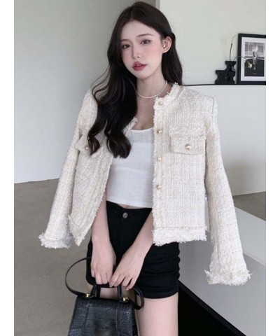 French Vintage Small Fragrance Tweed Jacket Coat Women Fall Winter Korean Casual Tassel Coat Ladies Plaid Tops Blue $23.69 Coats