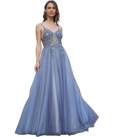 Lace Applique Tulle Prom Dresses for Women Long Spaghetti Straps A Line V Neck Prom Evening Ball Gown 2024 B-dusty Blue $34.2...