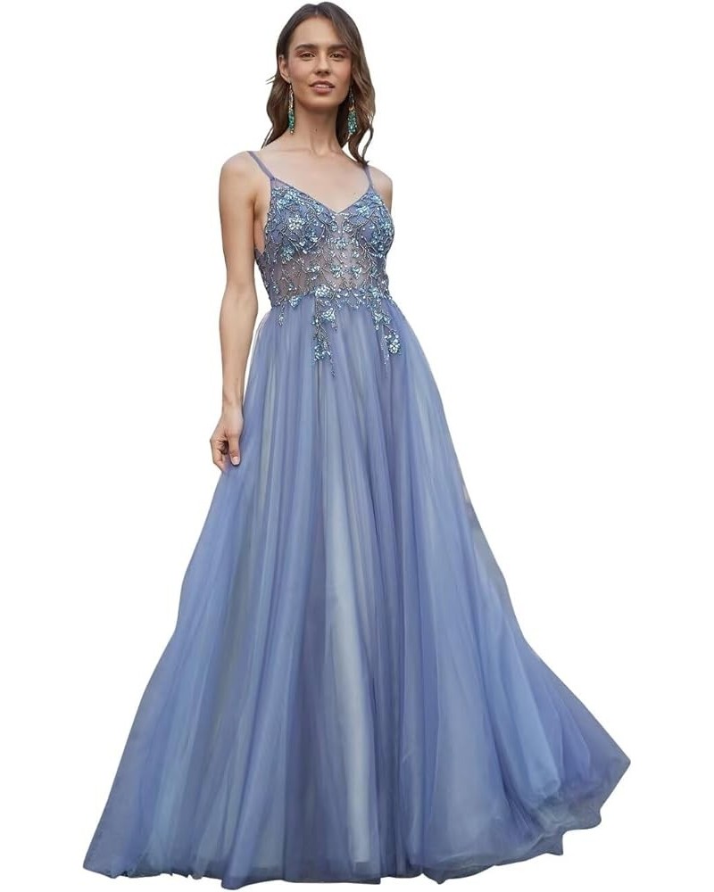 Lace Applique Tulle Prom Dresses for Women Long Spaghetti Straps A Line V Neck Prom Evening Ball Gown 2024 B-dusty Blue $34.2...