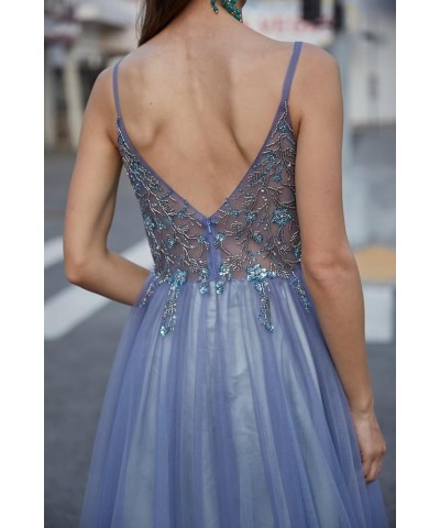 Lace Applique Tulle Prom Dresses for Women Long Spaghetti Straps A Line V Neck Prom Evening Ball Gown 2024 B-dusty Blue $34.2...