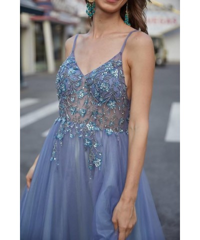 Lace Applique Tulle Prom Dresses for Women Long Spaghetti Straps A Line V Neck Prom Evening Ball Gown 2024 B-dusty Blue $34.2...